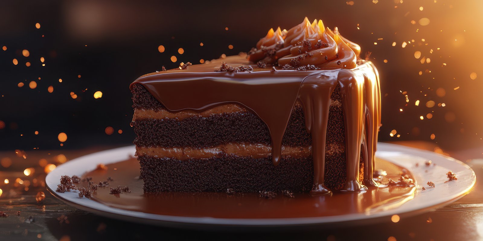 Delicious chocolate cake with melted frosting and chocolate shavings on a black plate